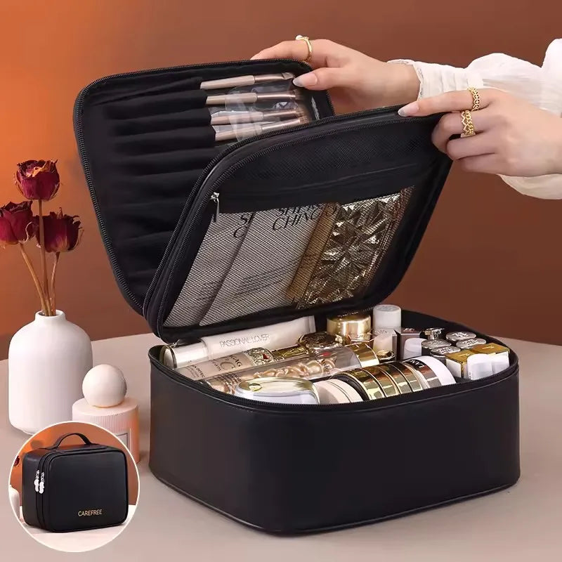 Multi-functional Cosmetic Bag Large-capacity Makeup Bag PU Double-layer Portable Travel Toiletry Pouch Women Makeup Storage Bag