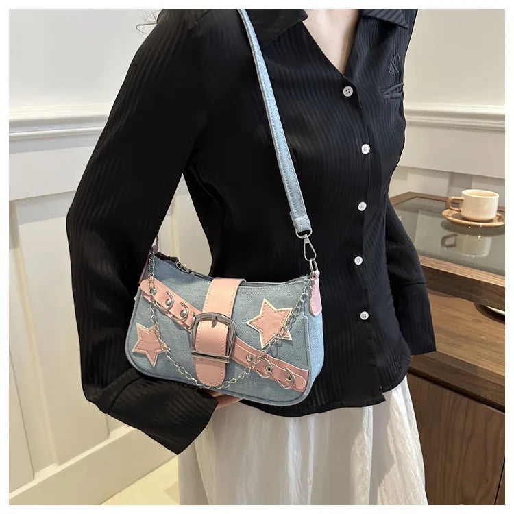 Y2k Hot Girls Denim Shoulder Bags Retro Rivet Star Women's Underarm Bag Portable Female Chain Armpit Bag Small Purse Handbags