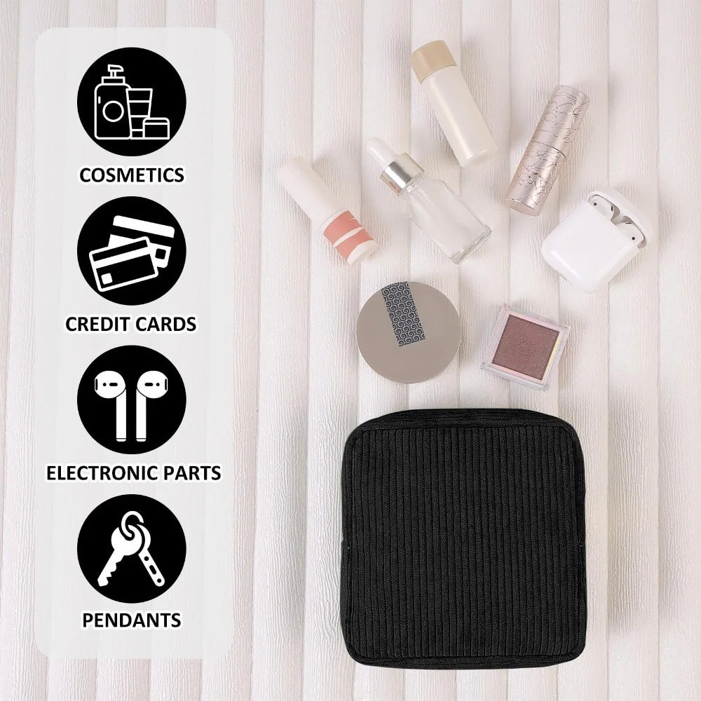 Small Makeup Bag for Purse Mini Cosmetics Bag Corduroy Cute Cosmetic Pouch for Women with Slip-in Pockets Storage Clutch