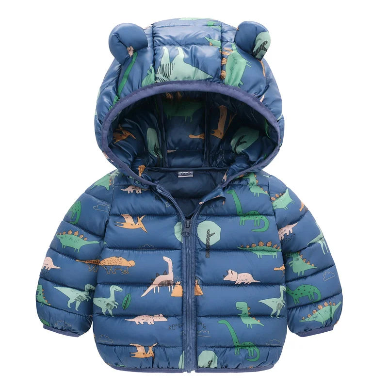 Abrigos de plumas para bebés y niñas, chaquetas con estampado de dinosaurios de dibujos animados de manga larga, ropa de abrigo con cremallera y capucha para niños de 1 a 5 años, primavera y otoño