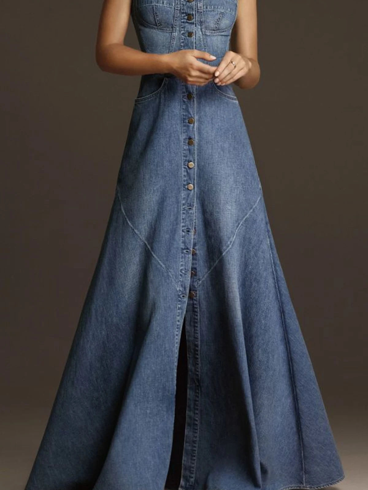 Fashion Women Denim Tank Dress Vintage Square Collar Waisted Sundress 2024 Summer Buttons Maxi Dress Holiday Solid Robes