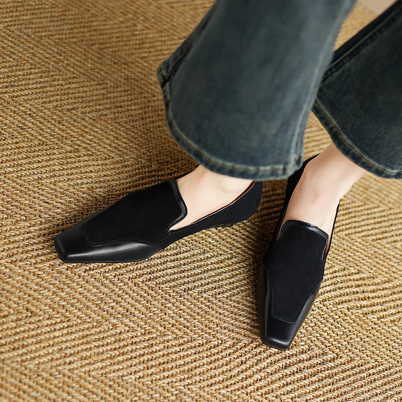 2025 NEW Autumn Women Loafers Genuine Leather Women Shoes Square Toe Chunky Heel Shoes Women Pumps Soft Ladies Shoes