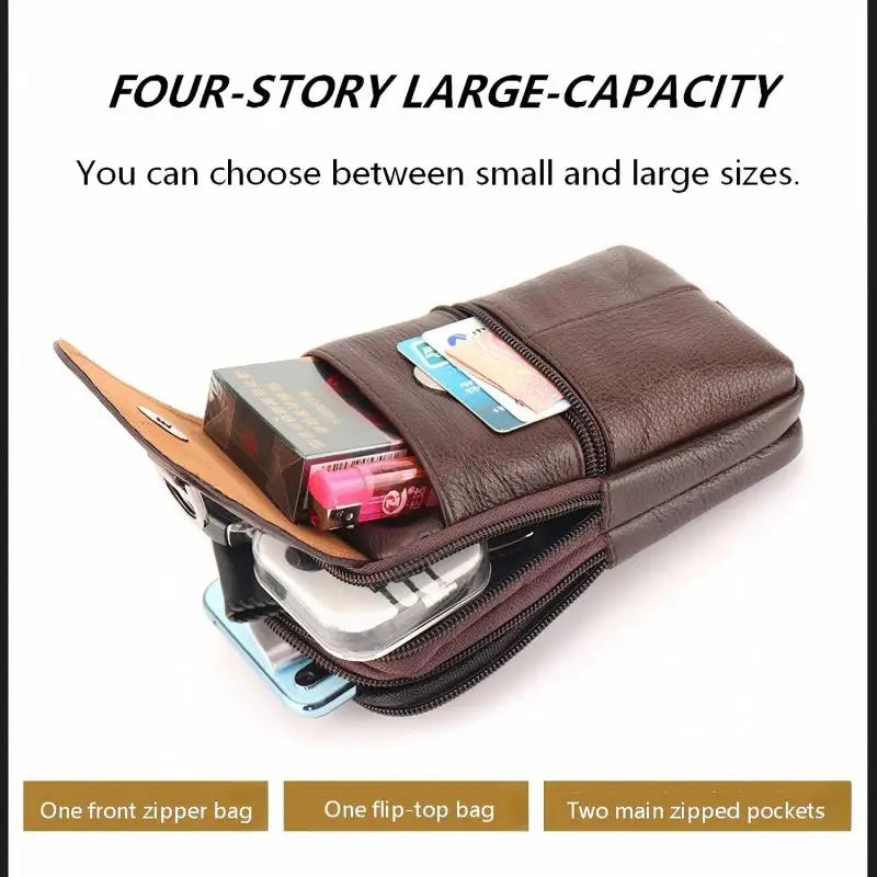 Men's Leather Waist Bag - Large Capacity Mobile Phone Belt Bag - Outdoor Work Backpack, Sports Hiking Bag Portable Crossbody Bag