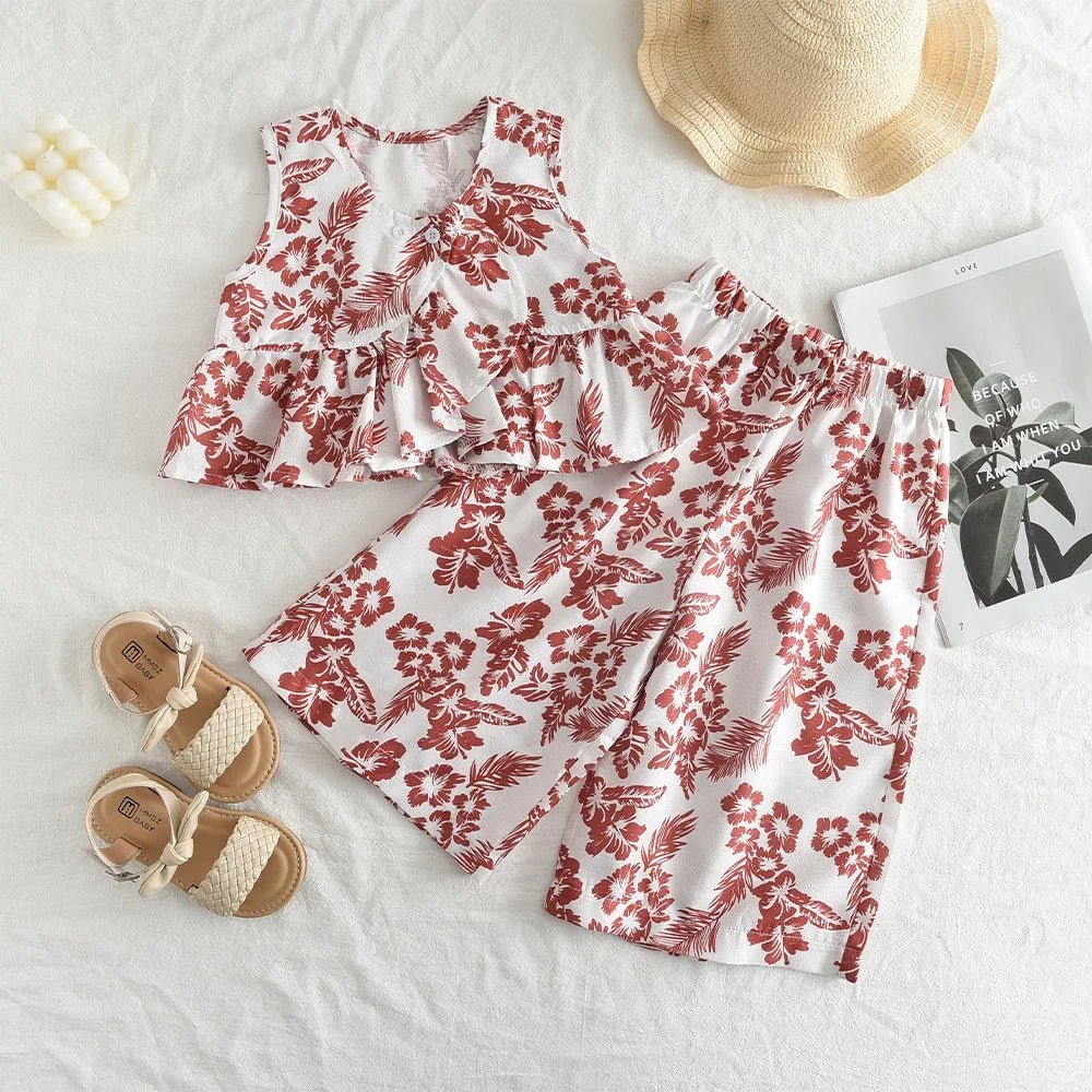 Bear Leader Girls Netflix Tops Wide-legged Pants Set Summer 2026 New Fashion Temperament Retro Floral Two-piece Girls Clothing