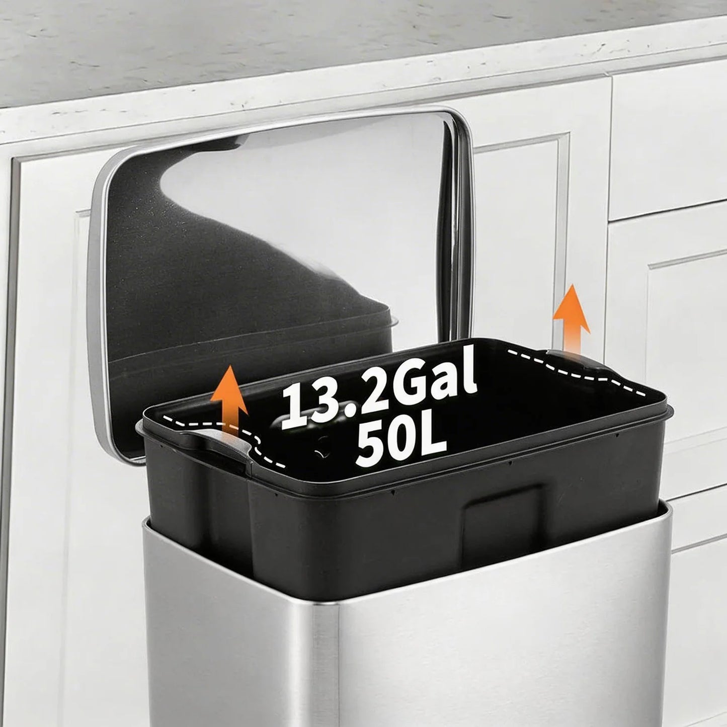 Fingerprint-Proof 13 Gal Pedal Trash Bin Stainless Steel Kitchen Wastebasket Removable Liner Quiet Lid For Office Garage