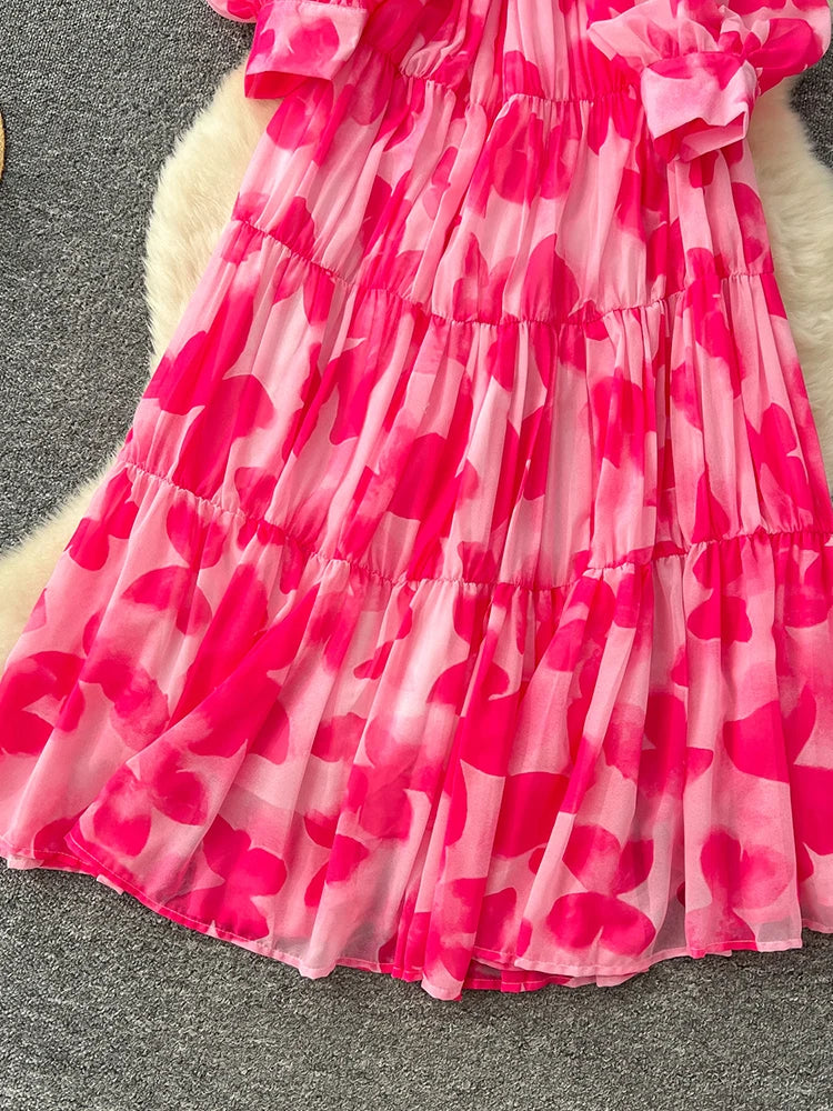 Spring Summer Women's Long Sleeved Printed Large Swing Dress New French Fashion Beach Style Cinched Round Neck Long Dress Y01