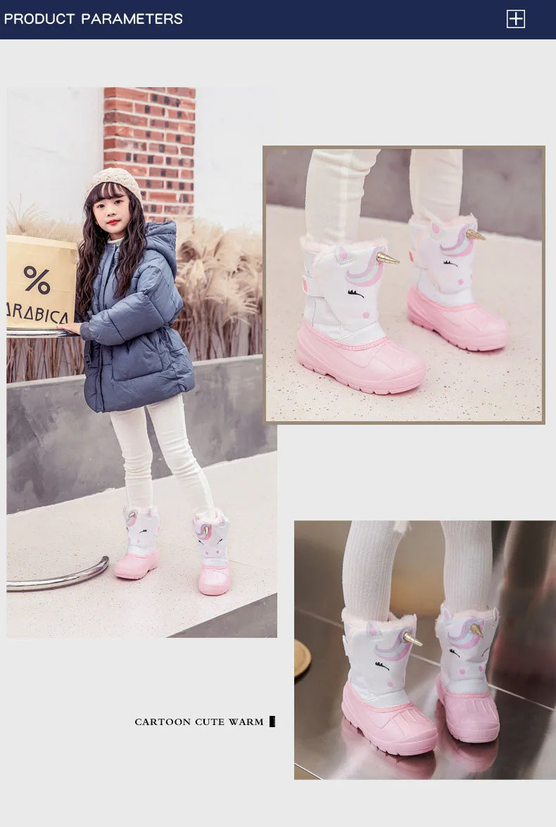Winter Children Snow Boots Girls High-top Princess Boots Boys Anti-kick Thicken Cotton Shoes Baby Soft Waterproof Cartoon Boots