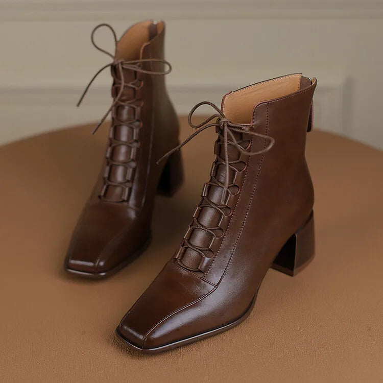 2022 Autumn Women Boots Square Toe Back Zipper Women Shoes Chunky Heels Shoes for Women High Heel Boots Vintage Leather Shoes