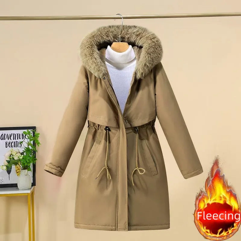 Winter Women Clothes Wool Liner Jacket Casual Thick Parka Fur Collar Long Coat Warm Hooded Snow Wear Padded Solid Colour Jackets