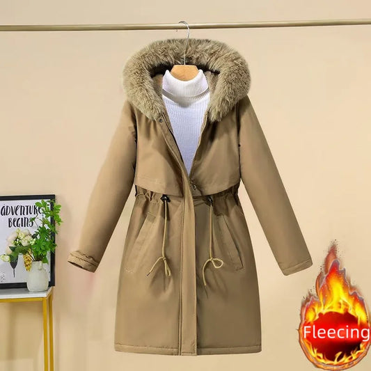 Winter Women Clothes Wool Liner Jacket Casual Thick Parka Fur Collar Long Coat Warm Hooded Snow Wear Padded Solid Colour Jackets
