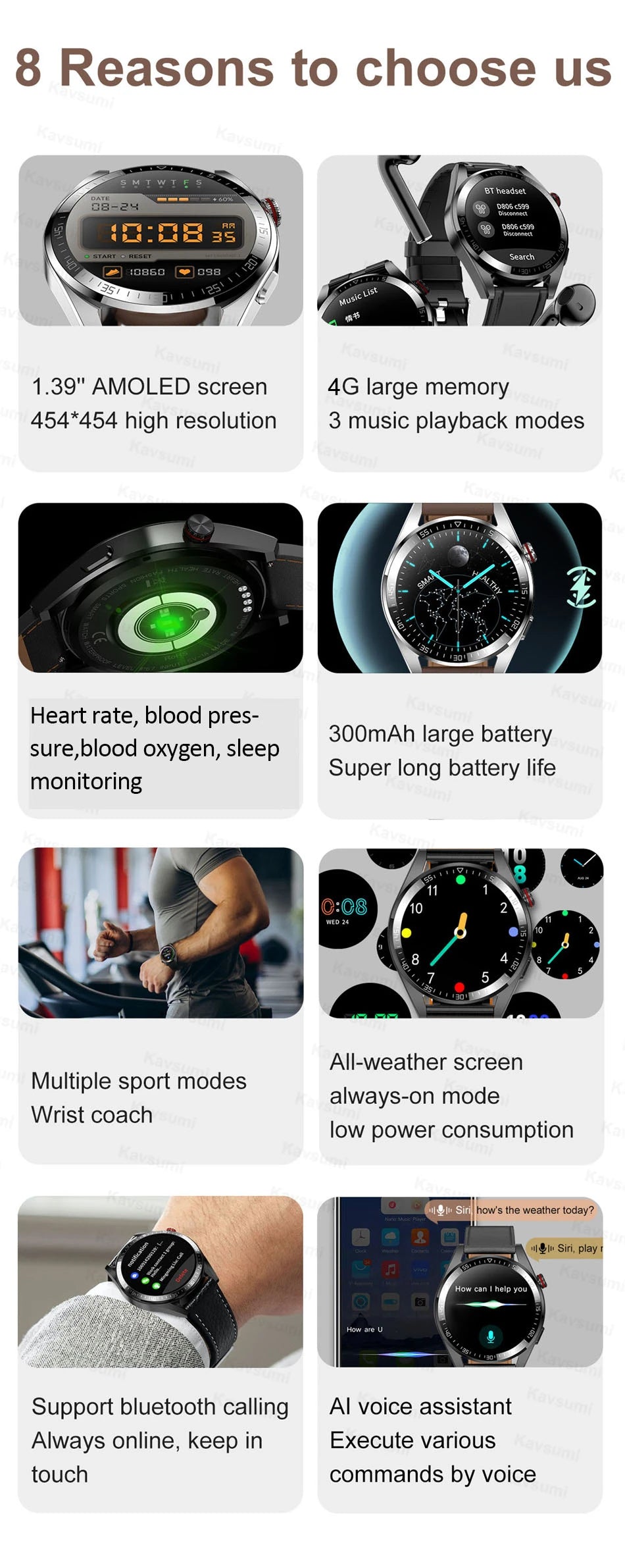 New Smart Watch Mens 4G Memory Local Music Player 454*454 AMOLED Screen Bluetooth Call Sports Man Smartwatch For Man Android iOS