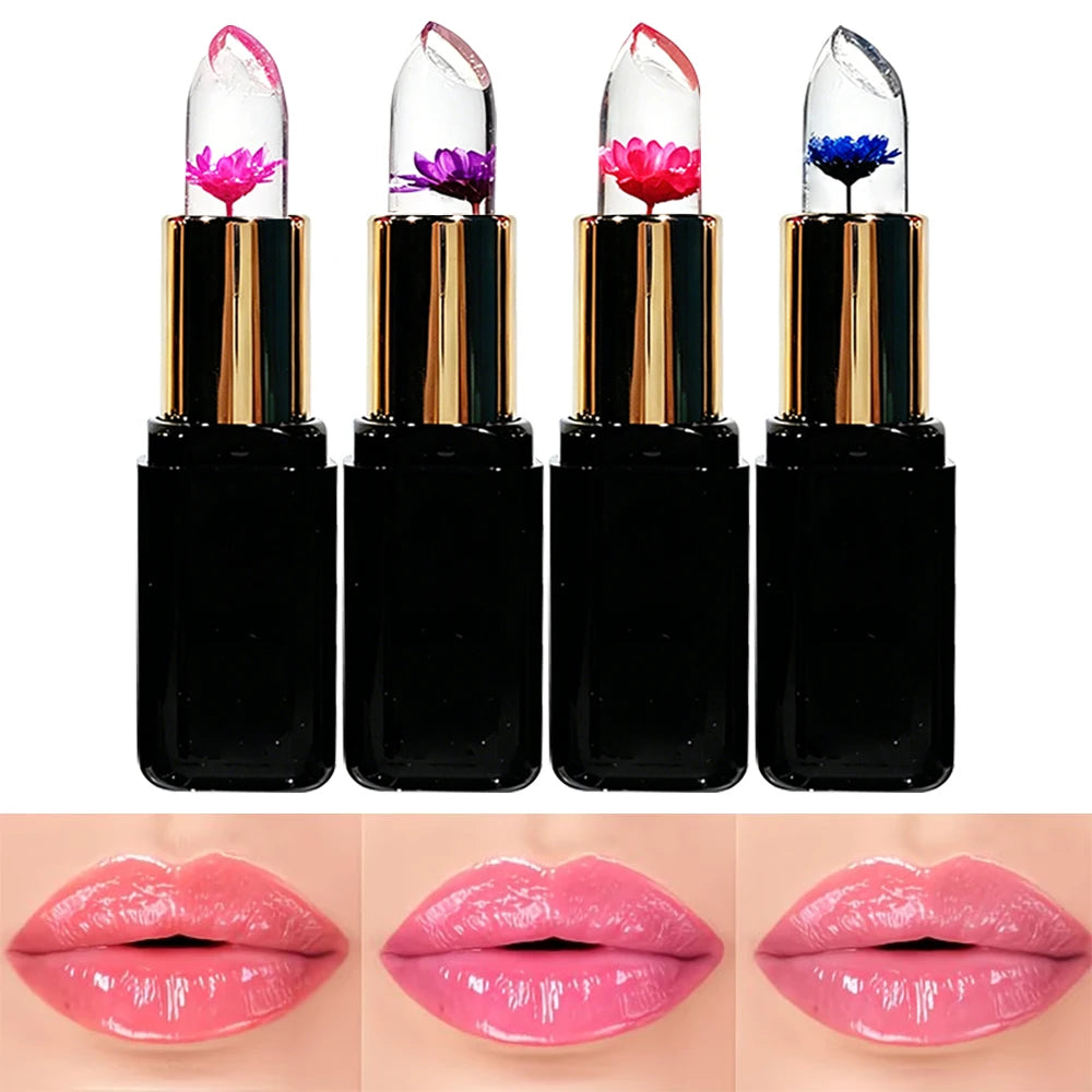 HISYI Crystal Color Changing Petal Lipstick, Jelly Lip Balm, Moisturizing Long Lasting Non-Stick Cup Glossy Lip Makeup for Women