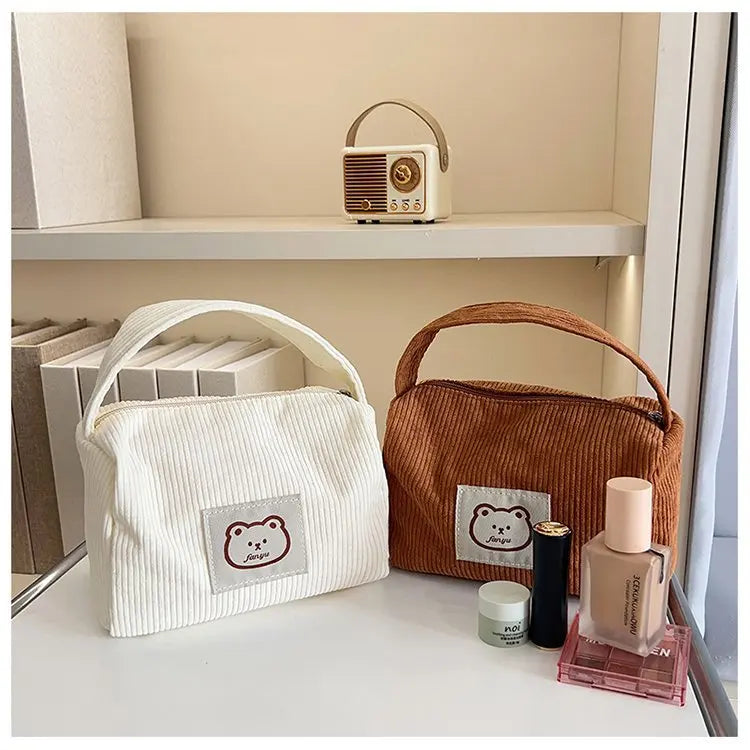 Bear Large Makeup Bag for Women Corduroy Cosmetic bag Make up Bags Zipper Pouch with handle Cosmetic Organizer Toiletry Bag