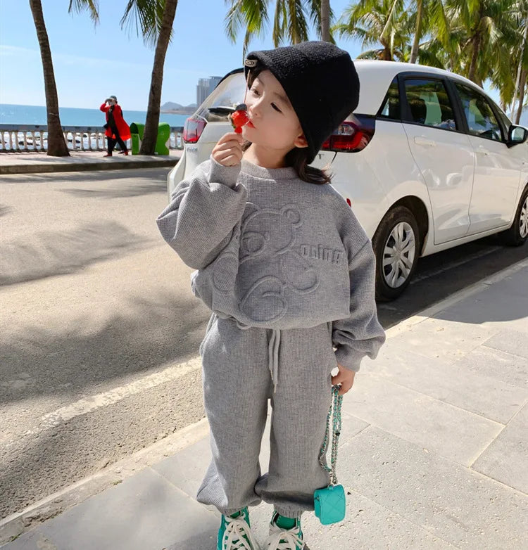 Traje de primavera para niñas, suéter deportivo de dos piezas con cuello redondo y pantalones, suéter informal a la moda para niños y niñas, novedad de 2024