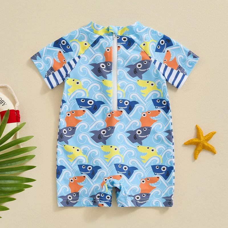 Toddler Baby Boy Summer Swimsuit Short Sleeve Zipper Jumpsuit Rash Guard Swimwear  Beach Wear Sunsuit