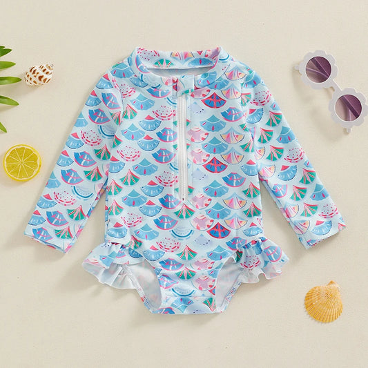 Infant Baby Girl  Swimsuit Zip Rash Guard Swimwear Ruffle Long Sleeve Bathing Suit Toddler Beach Wear