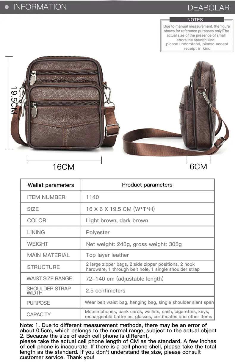 Men’s Genuine Leather Crossbody Bag,Double Zipper Small Shoulder Bag,Compact Multi-Pocket Sling Bag for Everyday Carry
