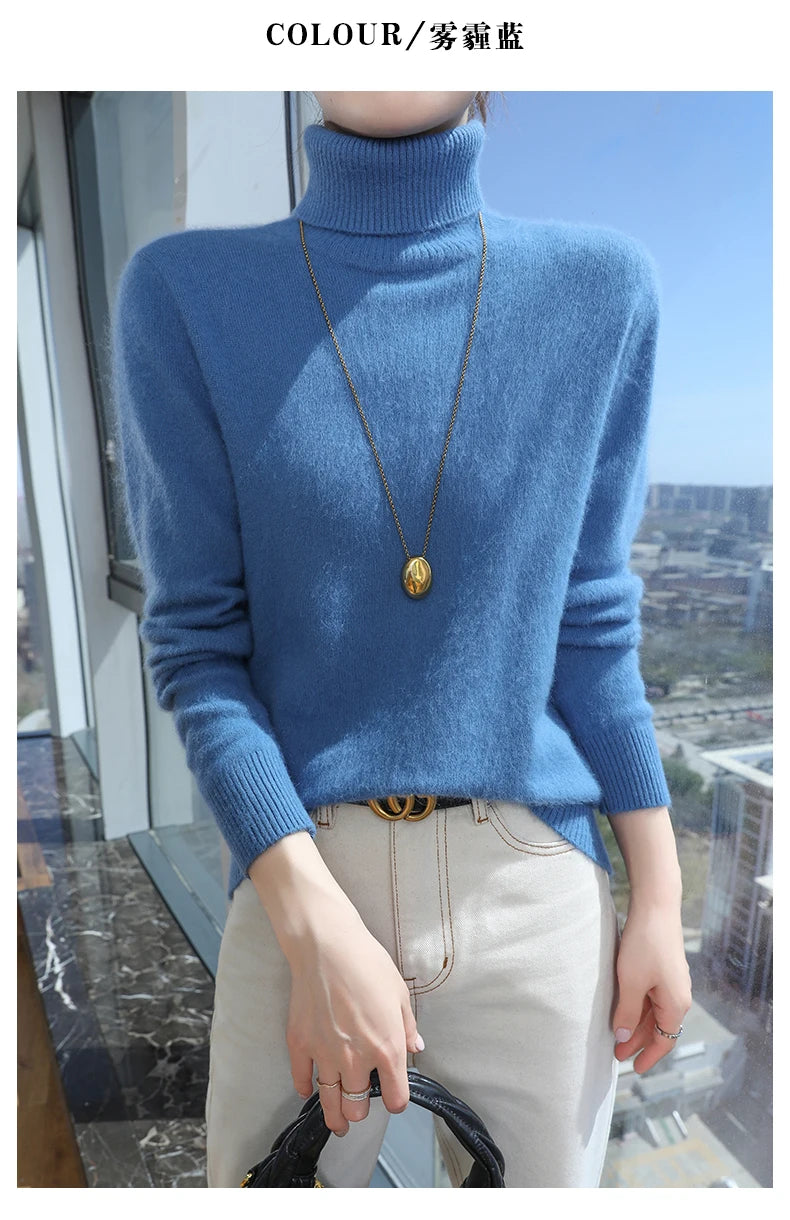 100% Mink Cashmere Top-Lapel Women Sweater Long-sleeves Fashion High-elasticity Sexy Winter Knitted Pullover Girl Tops 2024
