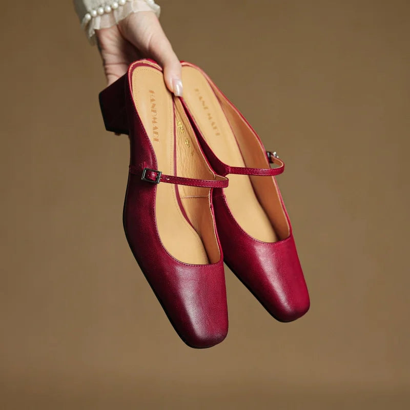 2026 New Summer Women Mules Genuine Leather Women Shoes Squared Toe med Heel Cover Toe Slingback Shallow Modern Slippers