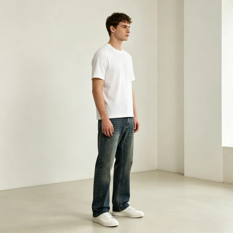 Bootcut Jeans Denim Pant Men Vintage Washed Distressed Y2k Streetwear Work Casual High Waist Straight Trousers Loose Spring 2026