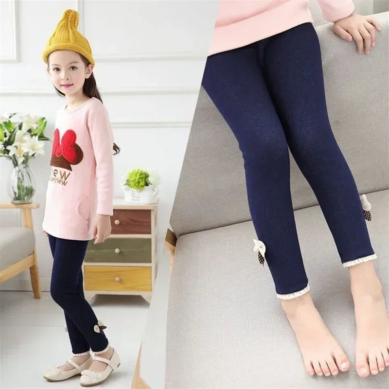 Girls Jean Pants Autumn Winter Warm Children Leggings Thicken Velvet Bowknot Kids Trousers Baby Girl Pants Icing Leggings