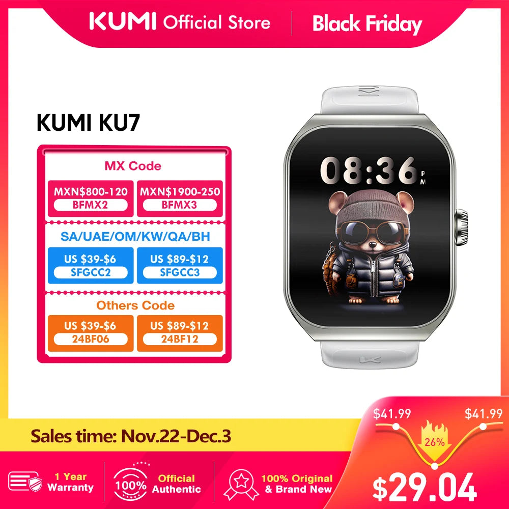 KUMI KU7 Smartwatches 1.96" Amoled Screen 100+Sport Modes NFC IP68 Waterproof  Bluetooth Call Health Sleep Monitoring SOS