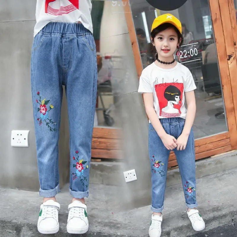New Teenage Girls Jeans 2026 Spring Autumn Casual Fashion Loose Blue Kids Leg Wide Pants School Children Trousers 3-12Year