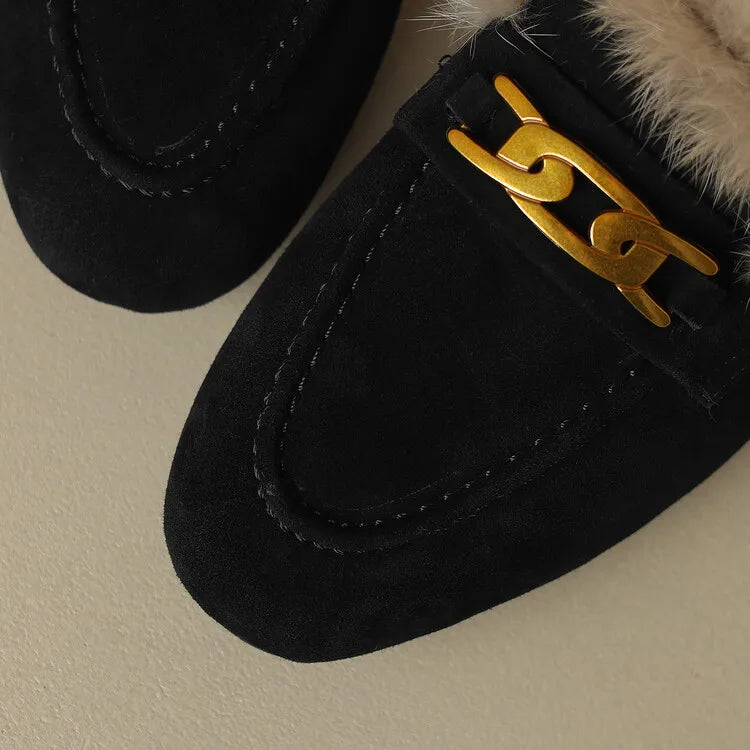 2023 Winter Sheep Suede Women Shoes Rabbit Hair Mules Shoes for Women Round Toe Low Heel Slippers Chunky Heel Cover Toe Slippers