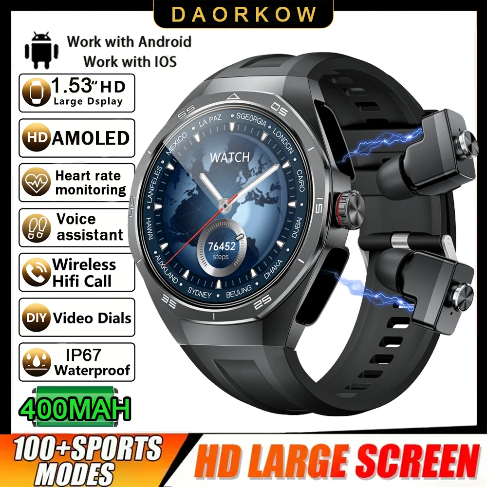 2026 New Smart Watch Men TWS 2-in-1 Bluetooth Earphones With Built-in Speaker HIFI  1.53HD SCreen Bluetooth Call IP67 Waterproof