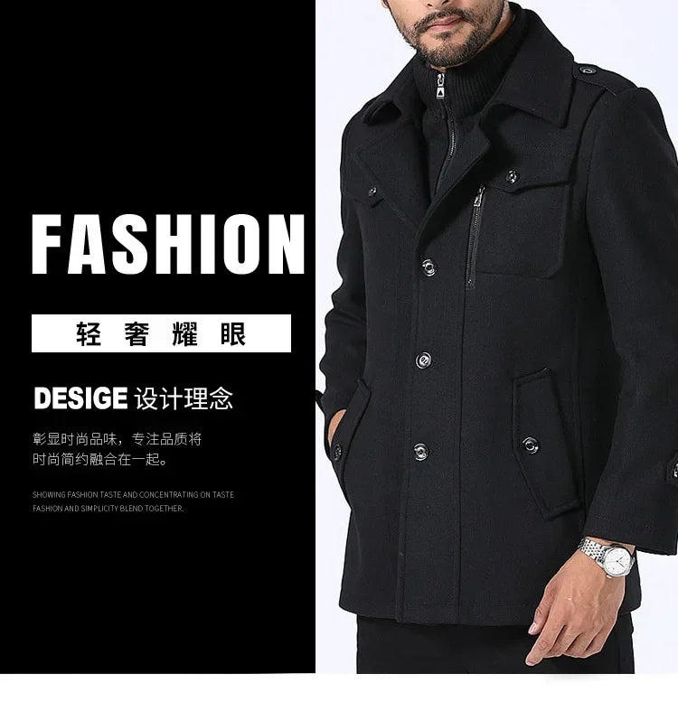 Winter Business Casual Wool Coat Men jackets Men's Woolen Coats Fashion Thicken Mid Length Trench Solid Warm Outerwear