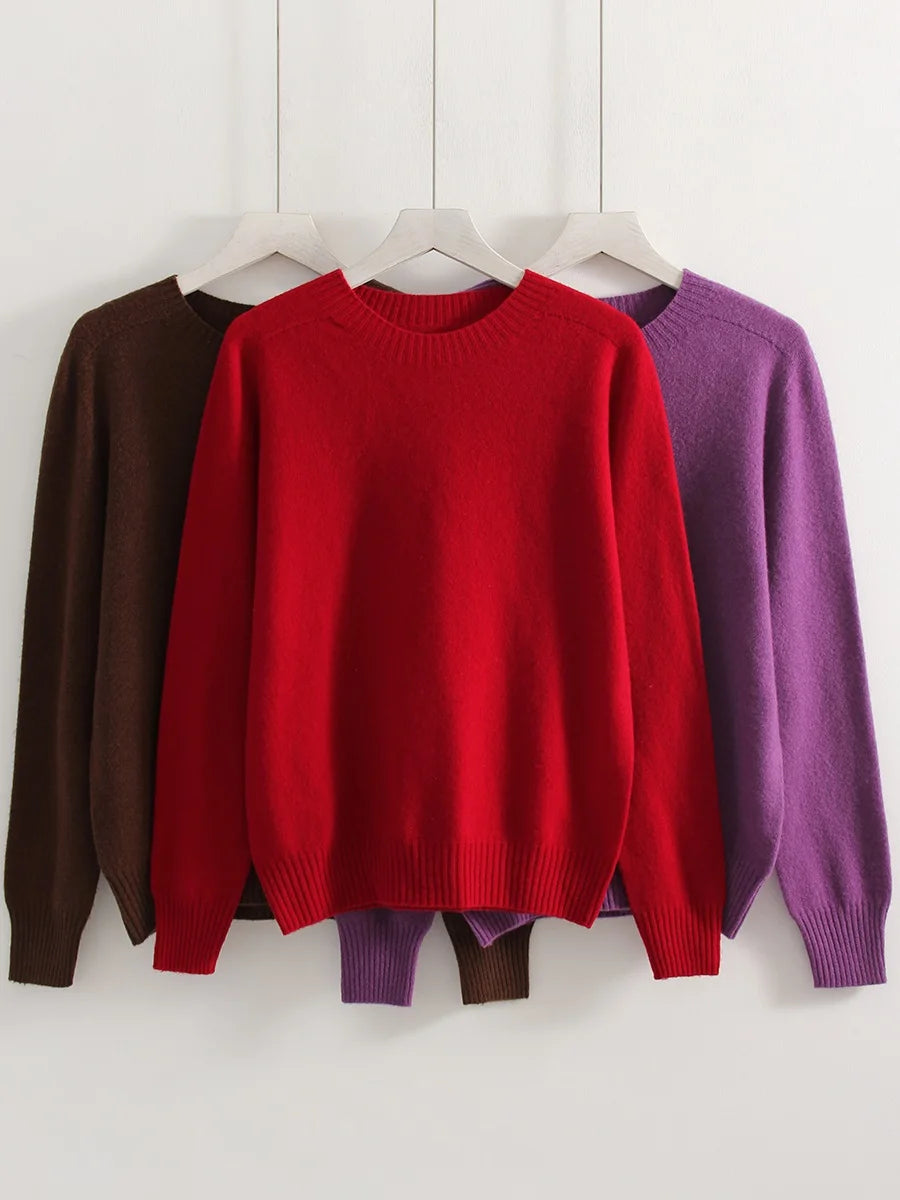 Women Cashmere Sweaters Burgundy O Neck Warm Knitted Brown Pullover Jumper Autumn Winter Wool Sweater Woman Purple Knit Top