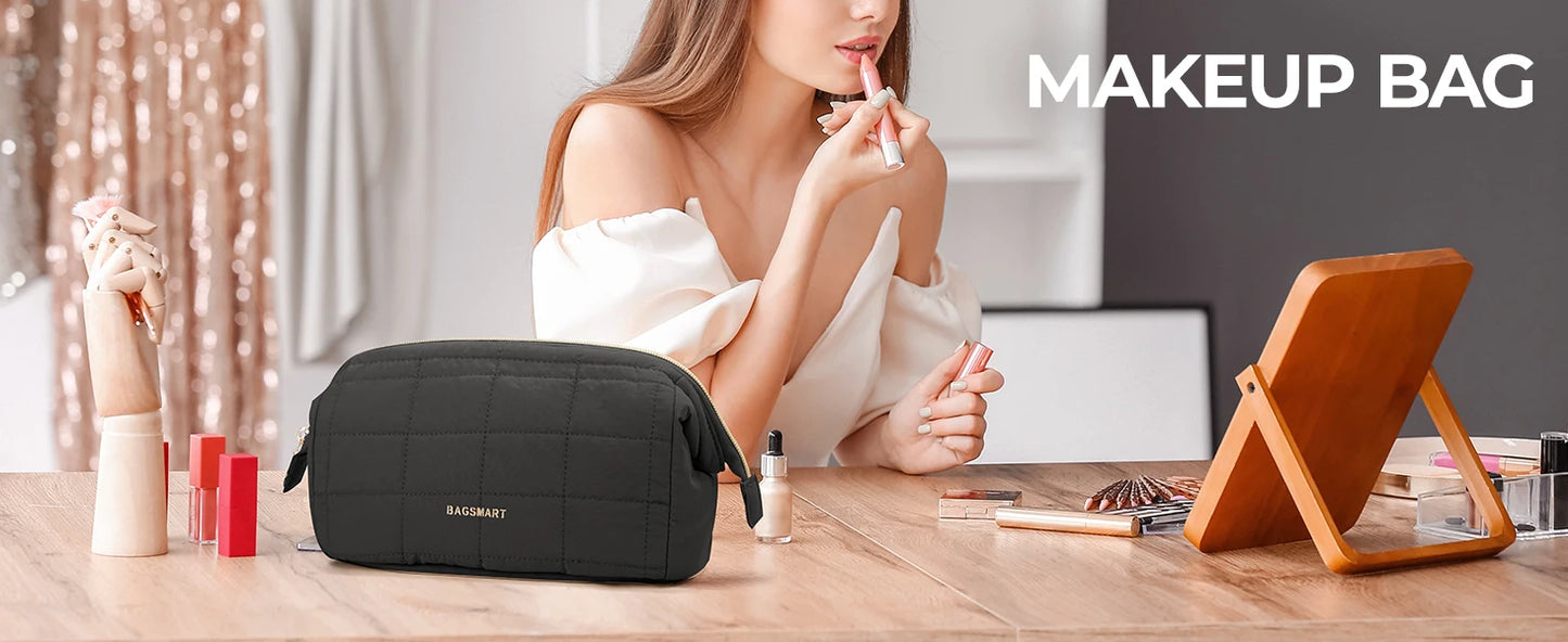 BAGSMART Makeup Bag Puffy Padded Make Up Bags for Women Makeup Organizer Case Wide-open Pouch Toiletry Bag Travel Essentials
