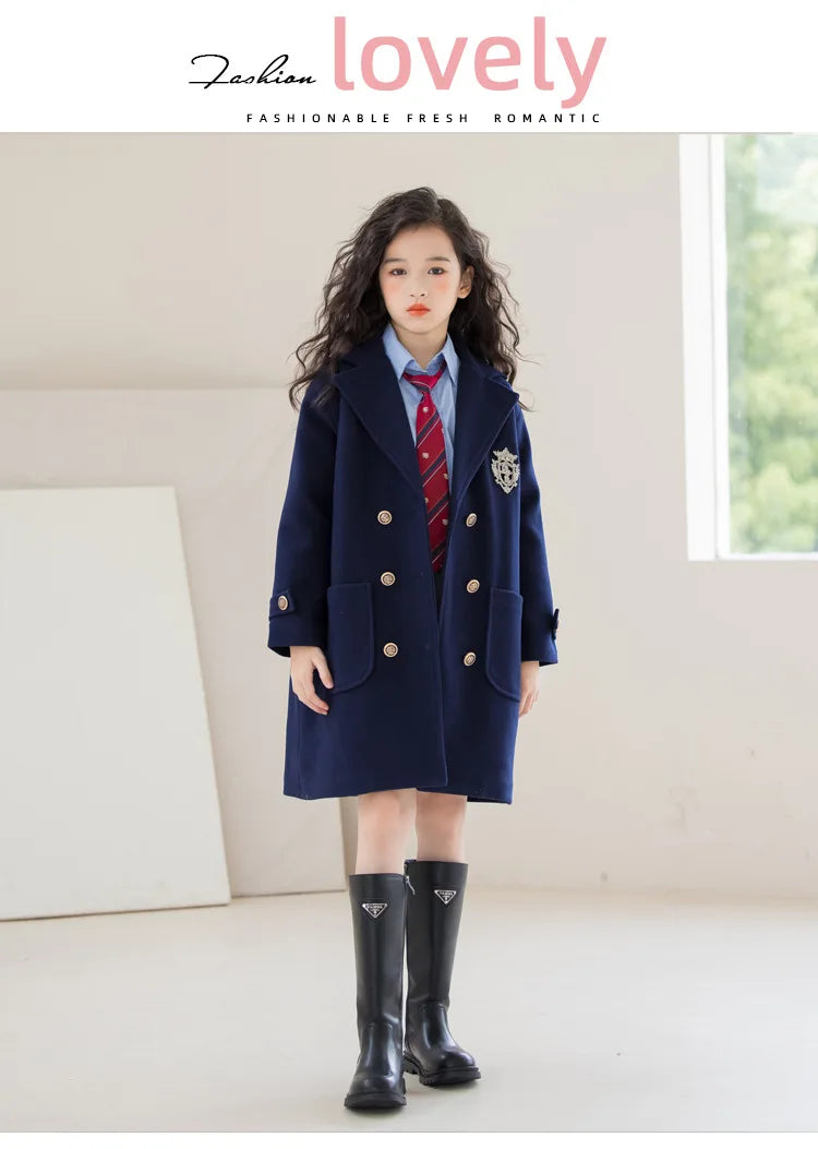 Teens Girls Winter Jacket Preppy Style Navy Mid-length Wool Coat for Kids Thick Warm Casual All-match School Children Outerwear