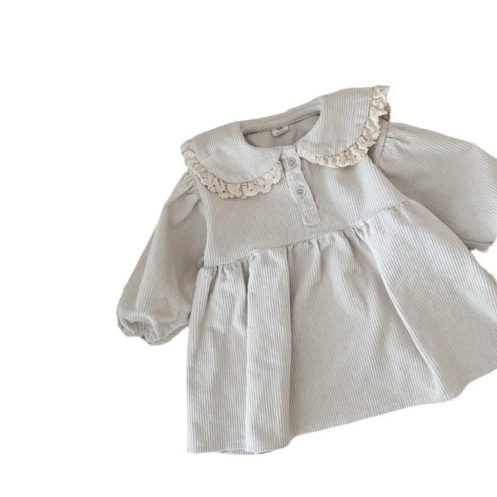 Vestido de pana de manga larga con cuello Peter Pan para niña pequeña de primavera para niños