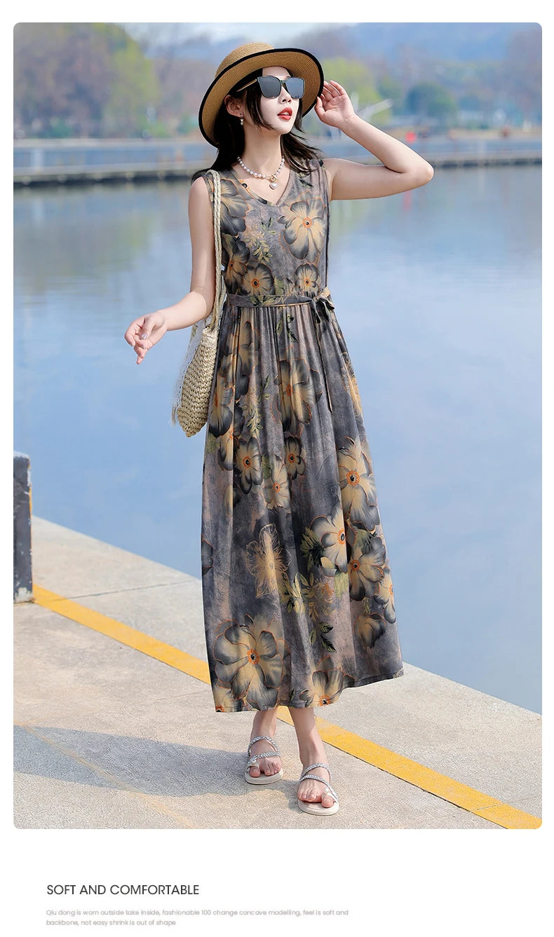 Spring Summer Dresses Fashion Female Sleeveless printed Casual Dress Women A-line Dresses Vestidos
