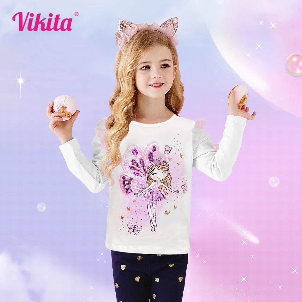 VIKITA Girls T Shirts Spring  Autumn Winter Long Sleeve Toddler Girls Tops for Daily Casual Wearing for 2-8 Years Kids Cute Girl