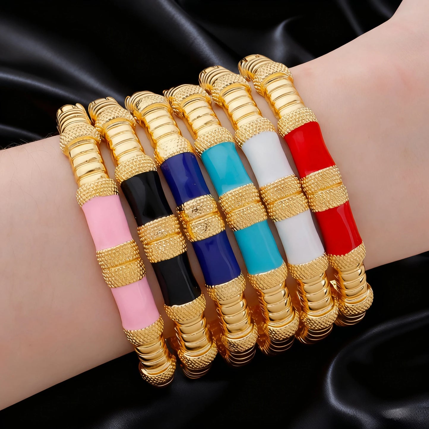 18K Gold Color Plated Dubai Bracelets Luxury Arabian Wedding Jewelry Sets, Hidden Buckle Women’s Bracelets and Rings Jewelry Set