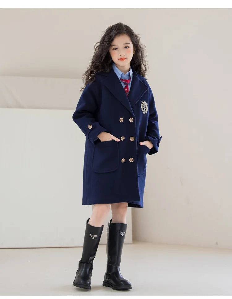 Teens Girls Winter Jacket Preppy Style Navy Mid-length Wool Coat for Kids Thick Warm Casual All-match School Children Outerwear