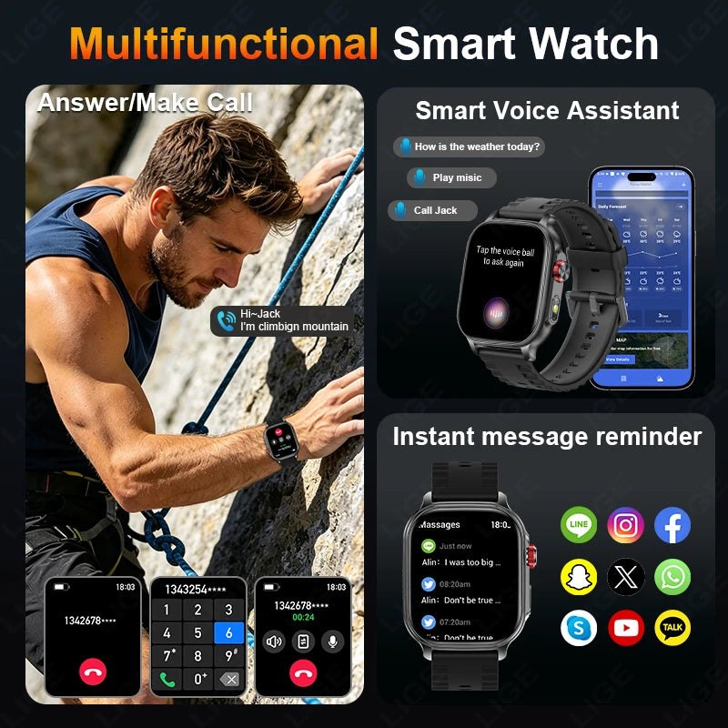 LIGE New Smart Watch Men Women 1400mAh Ultra Battery 2.01Inch HD Screen LED Flashlight IP68 Waterproof Bluetooth Call SmartWatch