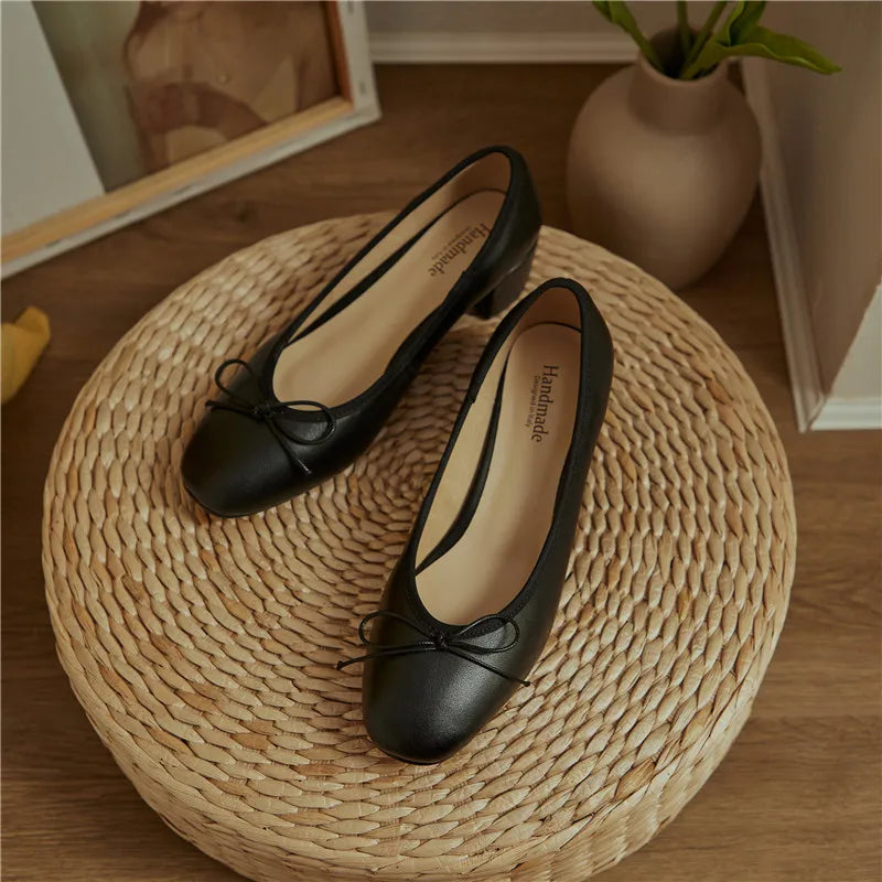 2025 Genuine Leather Women Shoes Fashion Butterfly-knot Spring and Autumn Pumps Slip-On Casual Shoes Chunky Heel Size 34-40