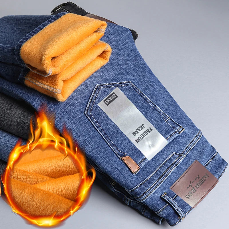 Brand Men Jean Warm Autumn Winter Loose Straight Jeans Male Casual Fleece Lined Thickened Denim Pant Elastic Waist High Trousers