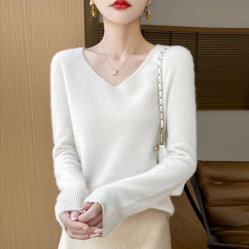 Fashion Pullover 100% Merino Wool Women Sweater V-Neck Long Sleeve Basic Jumper Spring Autumn Winter Clothing Knitwear Tops