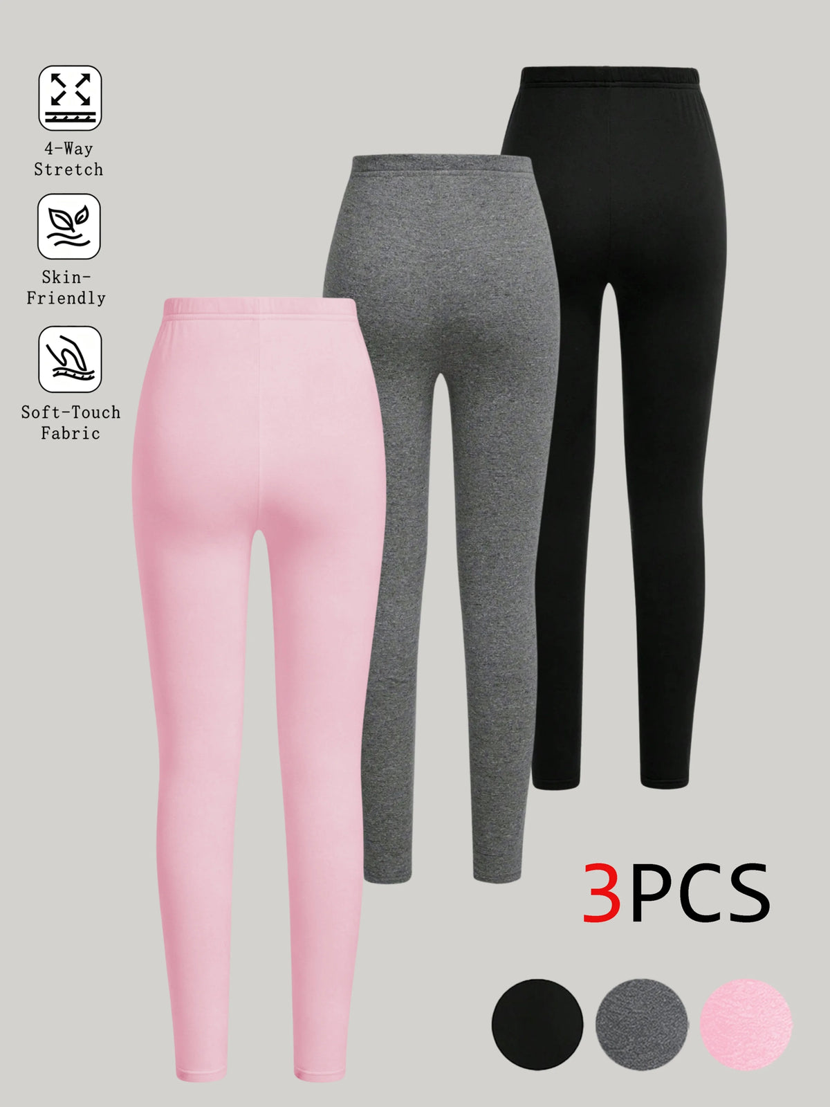Girls' Leggings 3-Pack: Stretchy, slim-fit pants in pink, gray, and black, featuring a crown-wearing kitten print at the hem—ver