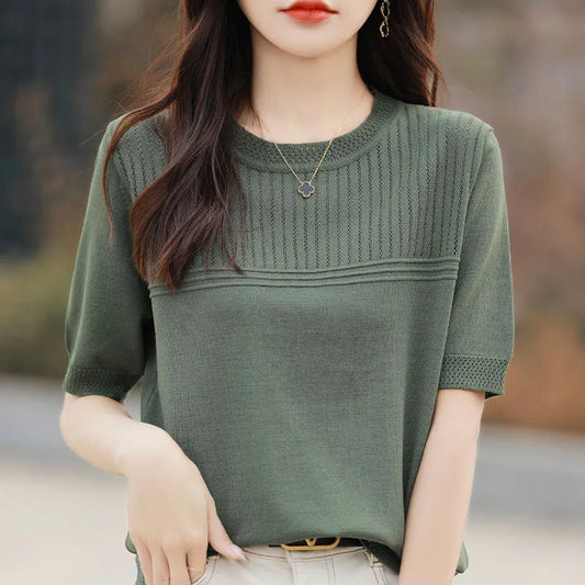 Women Sweater Short Sleeve Spring Summer O-neck Bottoming Shirts Casual Korean Knitted Pullovers Solid Loose Hollow Out Jumpers
