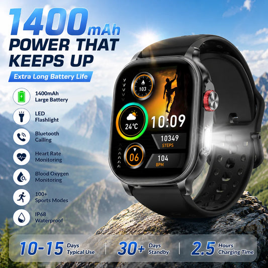 LIGE New Smart Watch Men Women 1400mAh Ultra Battery 2.01Inch HD Screen LED Flashlight IP68 Waterproof Bluetooth Call SmartWatch