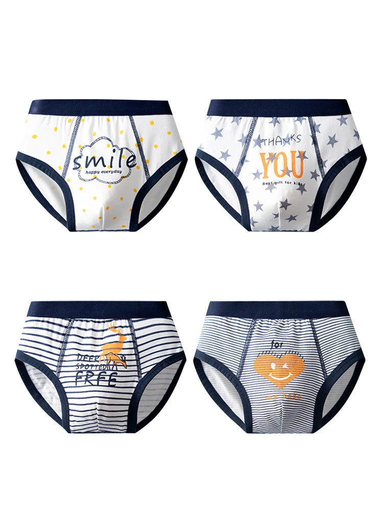 LJMOFA 4pcs Children Underwear for Kids Boy Boxer Briefs Cute Stripped Cartoon Print Panties Cotton Toddler Underpants B304