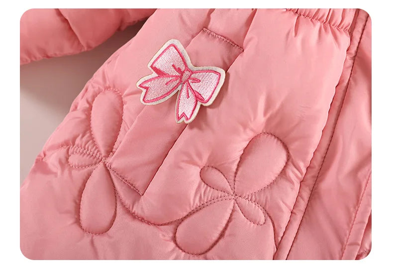 2025 Winter New Girls Jacket Long Solid Color Lining Berber Fleece Thick Warm Hooded Parka For 4-10Y Girls Bow Fashion Snowsuit