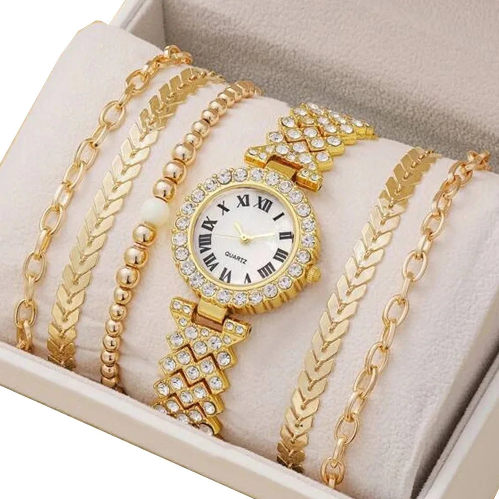 Diamond Women's Bracelet Watch Luxury Fashion Watch Bracelet Set Full Crystal 5Pcs Watches for Women Rhinestone Set Gifts Reloj