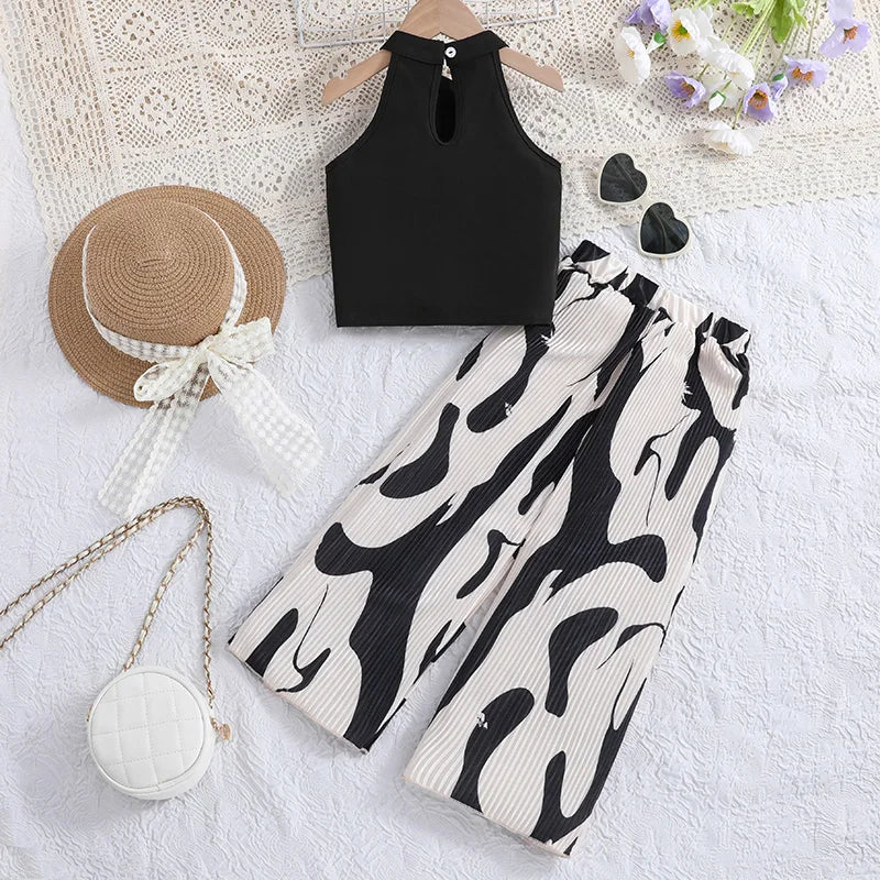 Kids Suits For Girl Black Sleeveless Top + Black Patterned Pants Two Piece Vacation Stylish Elegant Birthday Party Casual Set