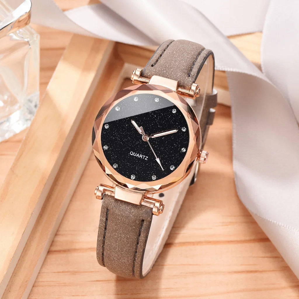 2pcs Luxury Fashion Women Watch Set PU Leather Strap Ladies Quartz Wristwatch Rhinestone RoseGold Alloy Bracelet For Ladies Gift